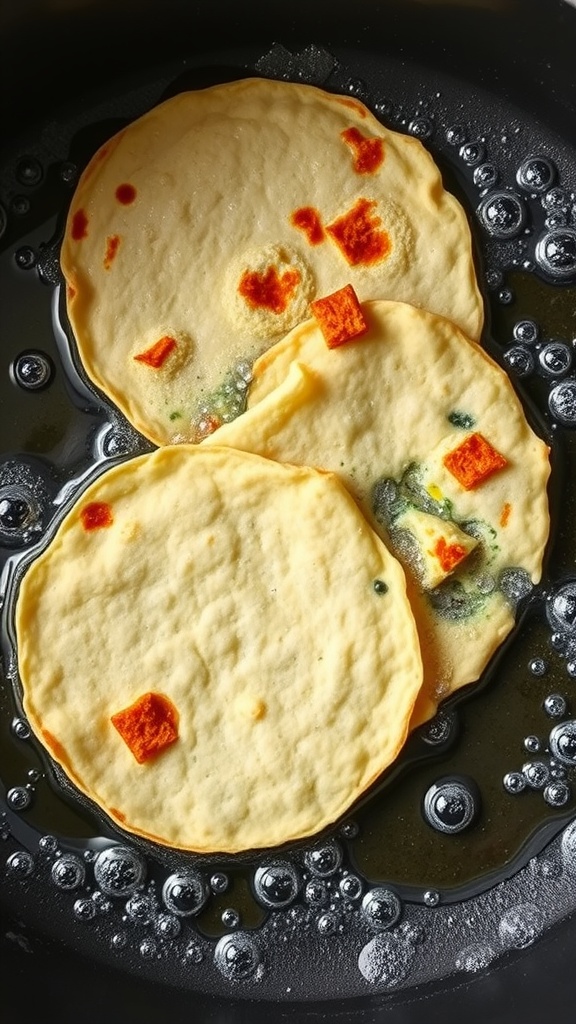 Frying corn tortillas in hot oil, showing bubbles and golden edges.