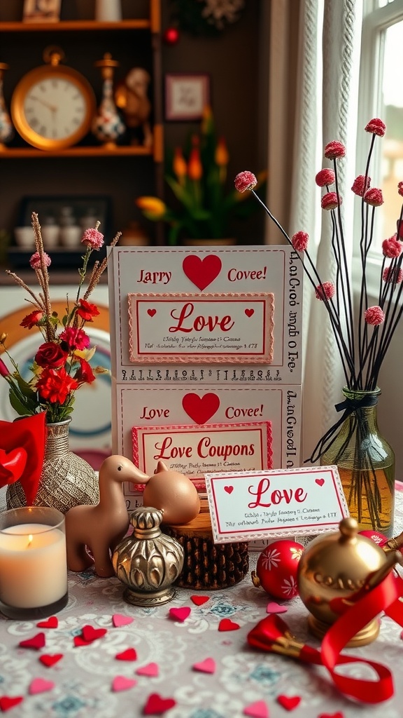 A romantic display of customizable love coupons, surrounded by heart decorations, candles, and flowers.