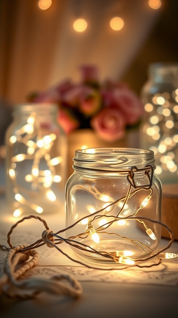 Glass jars filled with fairy lights, creating a warm and magical atmosphere.