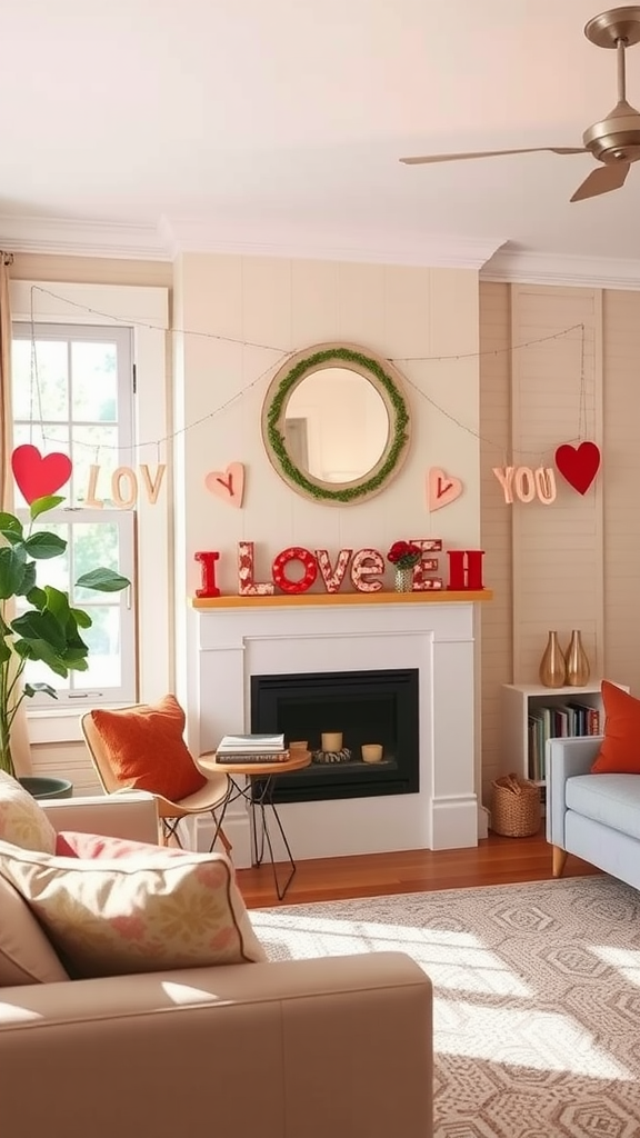 A cozy living room with a love letter garland hanging over a couch, featuring red hearts and playful letters.