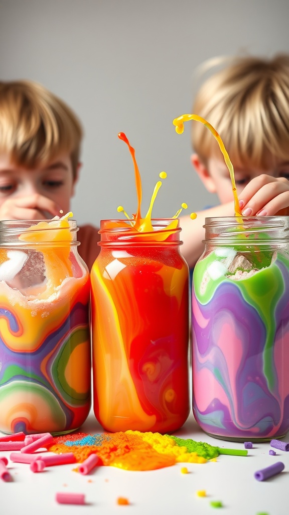 Two children playing with colorful jars of rainbow slime.