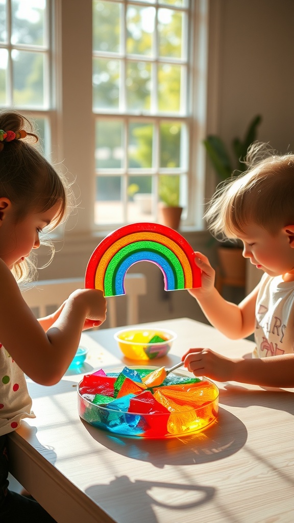 Two children making DIY rainbow suncatchers with colorful gelatin.