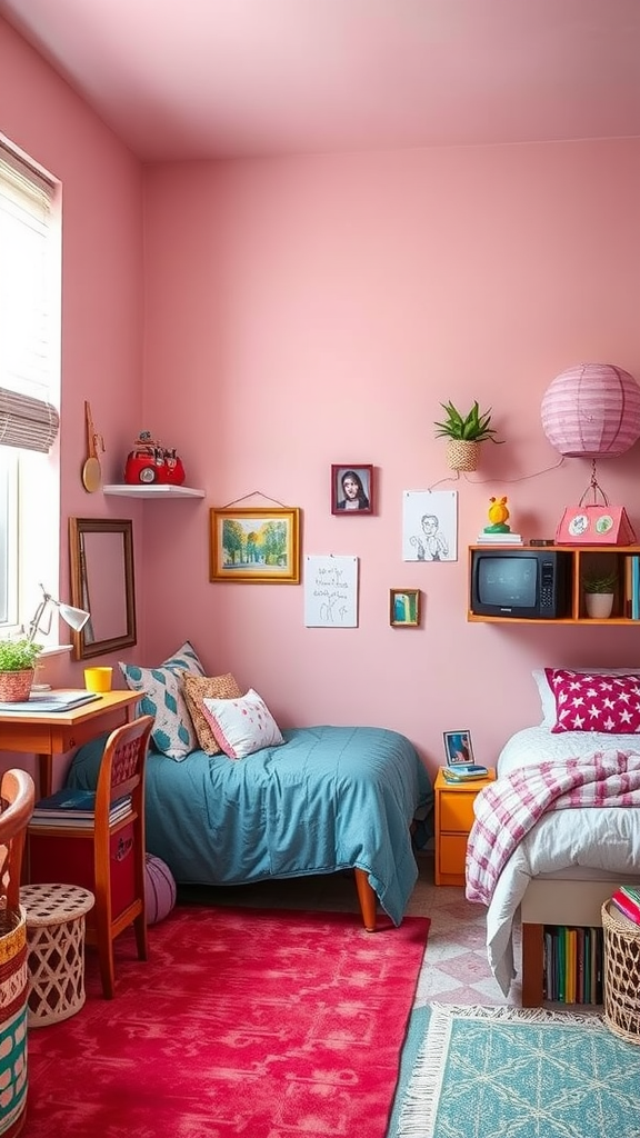 A cozy teen girl's bedroom featuring bright blue walls, colorful bedding, and a vibrant decor.