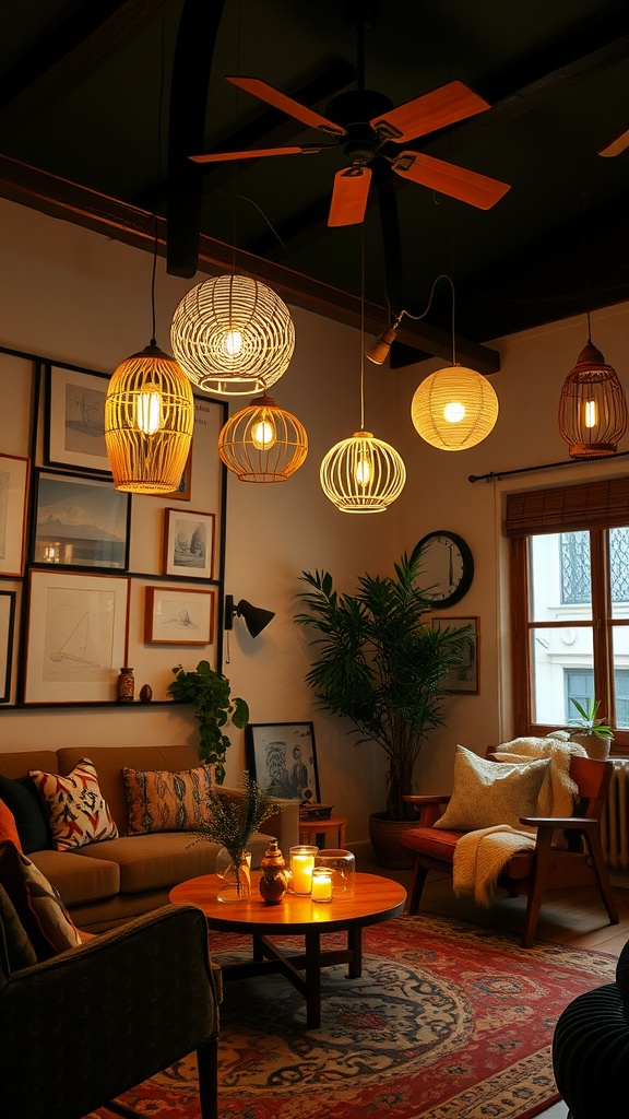 A cozy living room with eclectic lighting fixtures, featuring woven designs and warm tones.