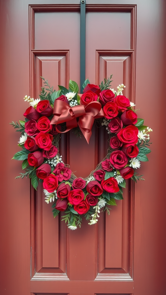 A heart-shaped wreath made of assorted roses and greenery, hanging on a door.