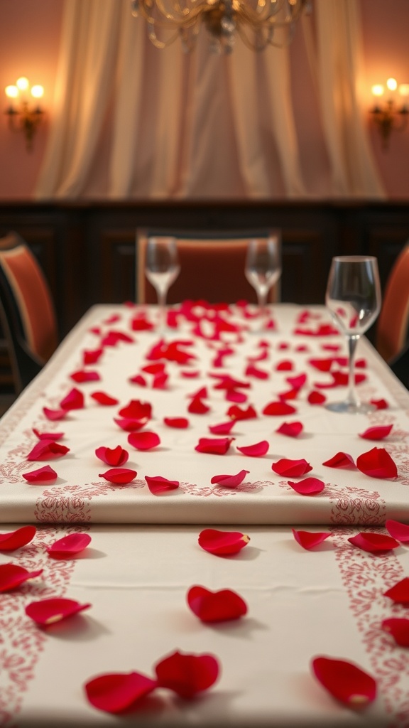 A table set with a decorative table runner and scattered red rose petals, creating a romantic atmosphere.