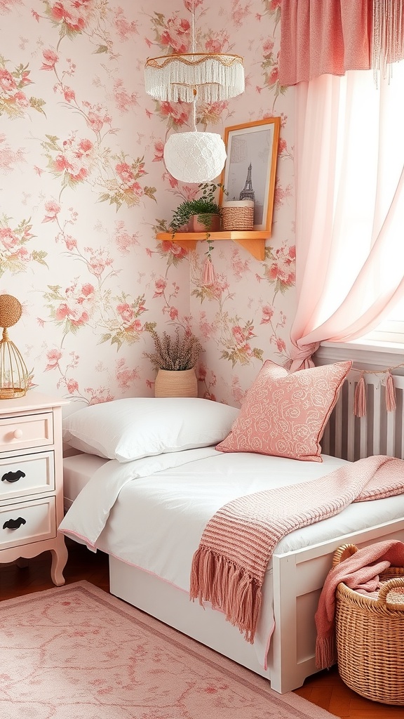 A cozy bedroom with floral wallpaper, soft pink accents, and a neatly made bed.