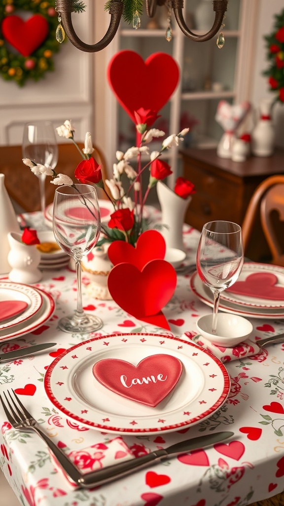 A beautifully set Valentine's Day dinner table featuring heart-themed decorations, red roses, and personalized dinnerware.