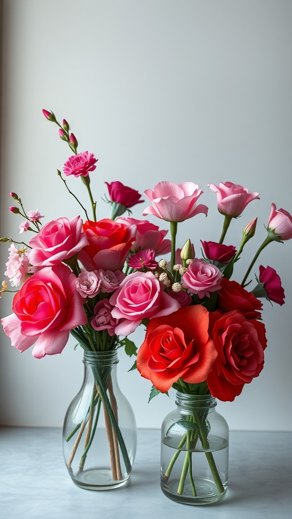 Two floral bouquets featuring pink and red roses in glass vases.