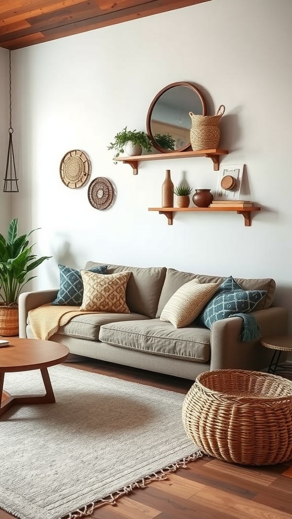 A stylish Boho Minimalist Living Room featuring a neutral sofa, decorative pillows, wall shelves with plants and pottery, and woven storage baskets.