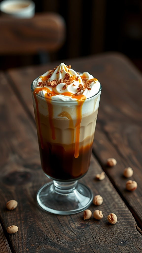 A beautifully garnished Caramel Hazelnut Iced Coffee with whipped cream, caramel drizzle, and crushed hazelnuts on top.