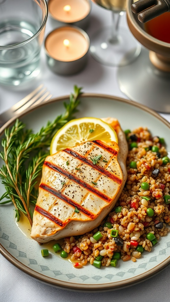 Grilled lemon herb chicken served with quinoa salad on a plate.