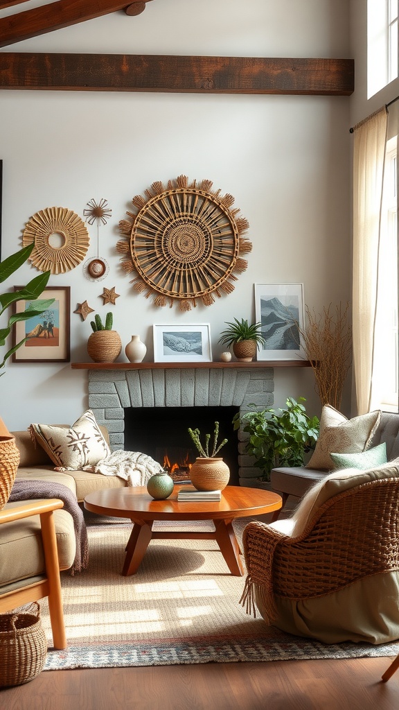 A cozy Boho living room featuring woven wall art, natural materials, and earthy tones.