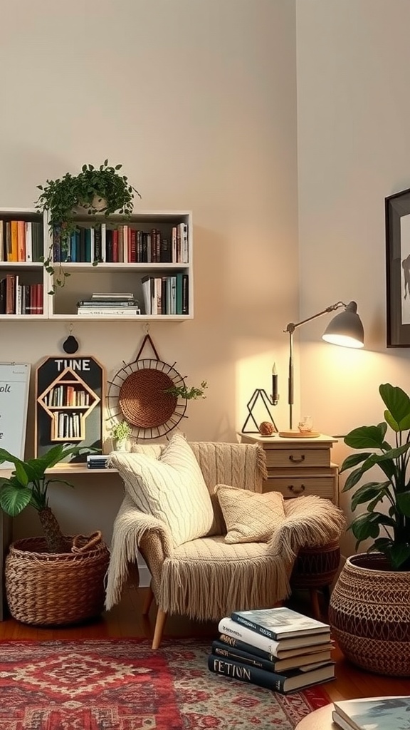 A cozy Boho living room nook with a fringed chair, bookshelves, and plants, perfect for reading and relaxation.