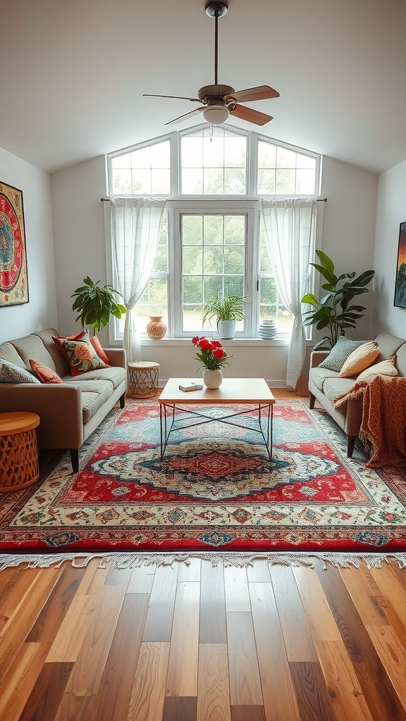 A cozy living room with layered area rugs featuring various patterns and colors, surrounded by plants and stylish furniture.