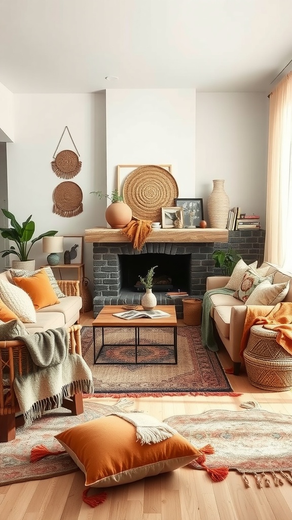 A cozy living room featuring layered textiles, warm colors, and boho decor elements.