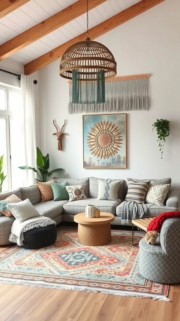 A cozy Boho living room featuring a sectional sofa with patterned cushions, a colorful area rug, and natural decor elements.