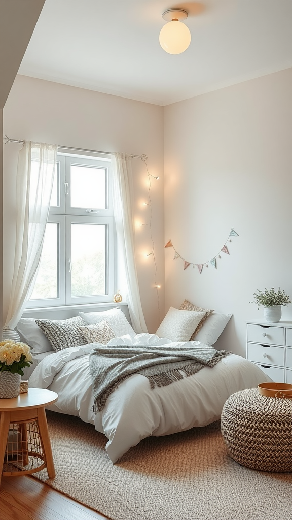 A modern minimalist bedroom featuring a bed, desk, and natural light.