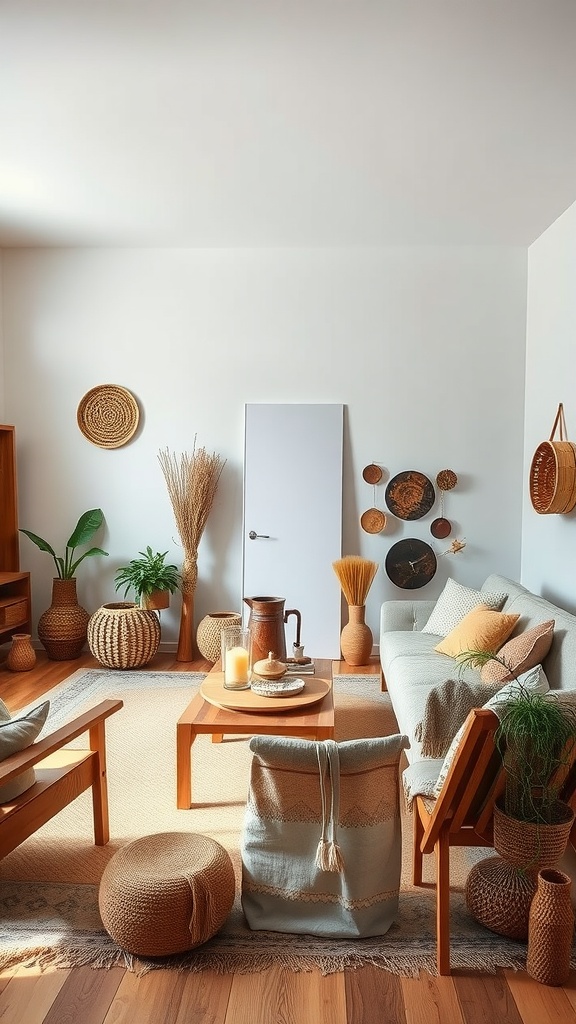 A cozy Boho living room featuring natural wood furniture, plants, and woven decorations.