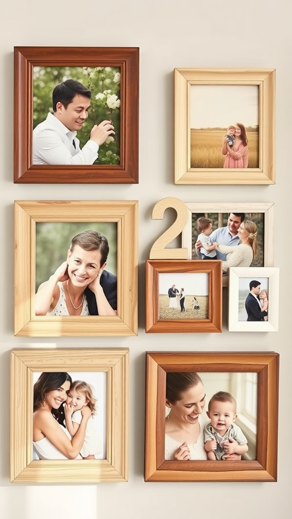 An arrangement of various personalized photo frames showcasing happy moments and memories.