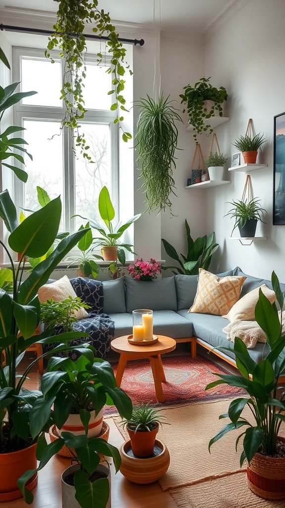 A cozy boho living room filled with various plants, a gray couch, and a wooden coffee table.