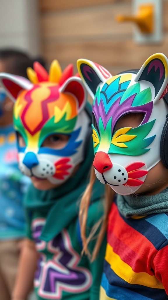 Children wearing colorful rainbow animal masks