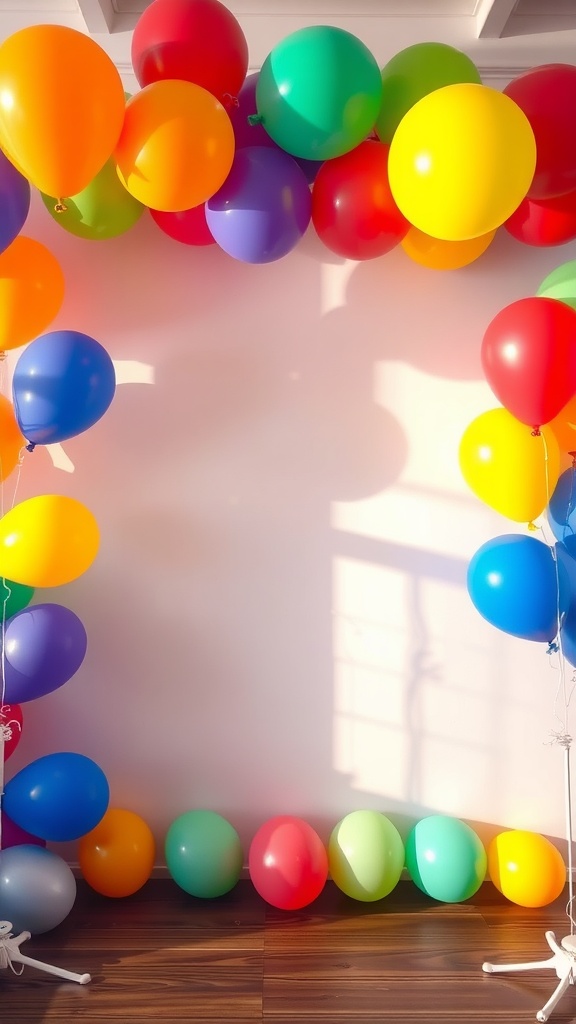 A colorful rainbow balloon garland with various colored balloons arranged beautifully.