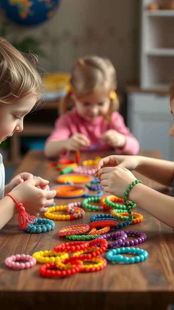 Children making colorful rainbow bead bracelets at a table.