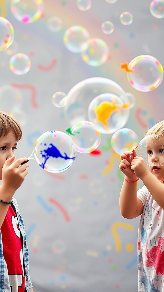 Two children creating rainbow bubble art with colorful bubbles in the background.