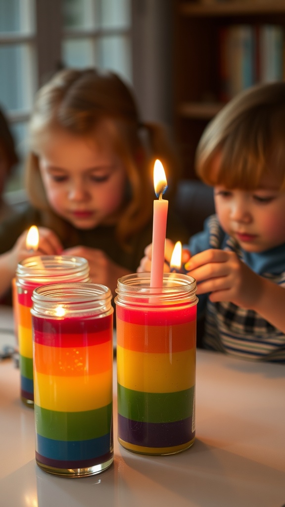 Children making rainbow candle jars with colorful wax layers