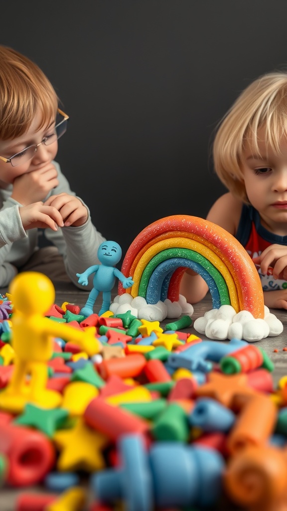 Two children creating rainbow clay figures surrounded by colorful clay pieces