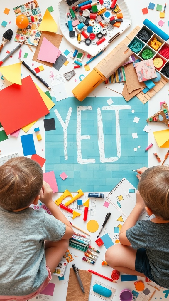 Two children creating a colorful collage with various craft materials on the floor.