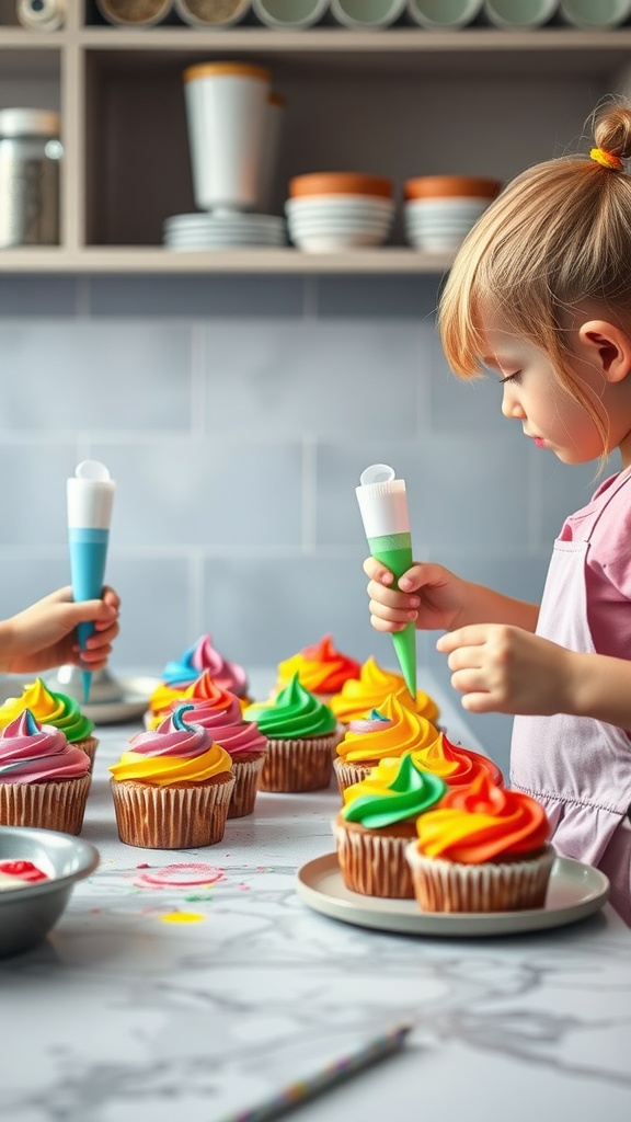 Children decorating rainbow cupcakes with colorful frosting