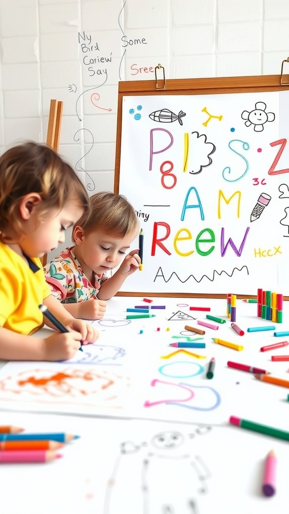 Two children drawing with colorful markers and crayons on large sheets of paper, surrounded by doodles and art supplies.