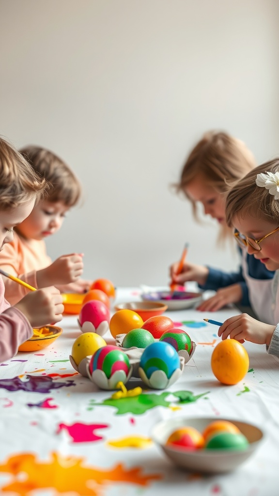 Children decorating eggs with bright colors on a table covered in paint splatters.