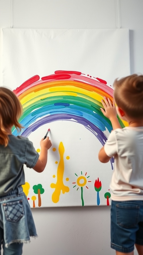 Two children finger painting a colorful rainbow on a canvas