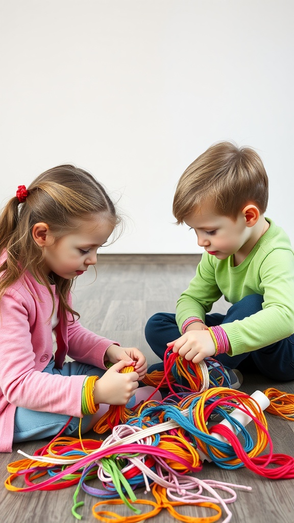 Two children sitting on the floor, focused on creating rainbow friendship bracelets with colorful threads.