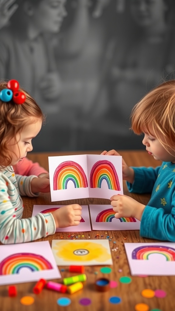 Children creating colorful rainbow friendship cards at a table.