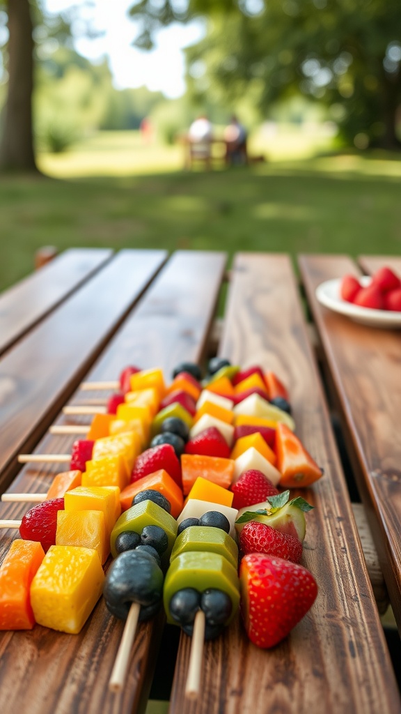 Colorful fruit skewers featuring strawberries, blueberries, pineapple, and green grapes