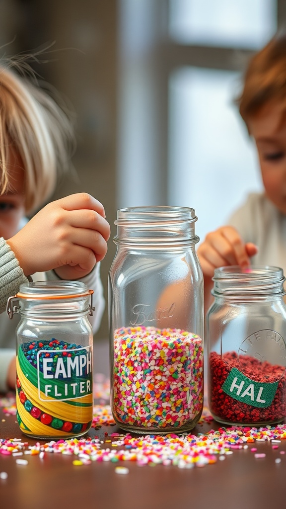 Children filling jars with colorful sprinkles for rainbow glitter jars