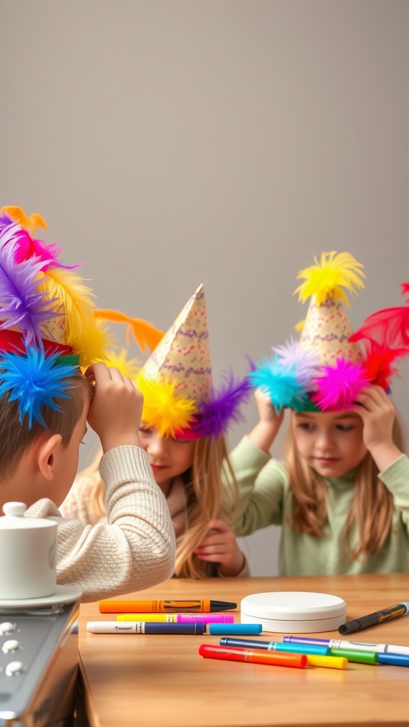 Children decorating colorful hats with feathers and markers