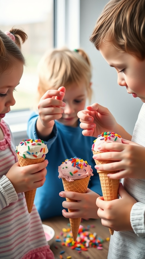 Three children decorating colorful ice cream cones with sprinkles.