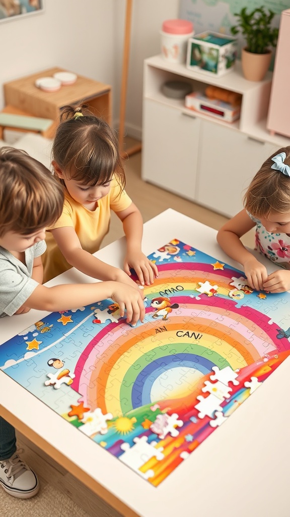 Two children working on a rainbow jigsaw puzzle