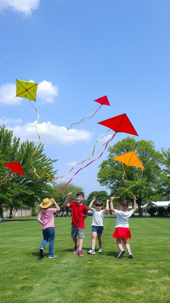 Children flying colorful kites in a green park on a sunny day.