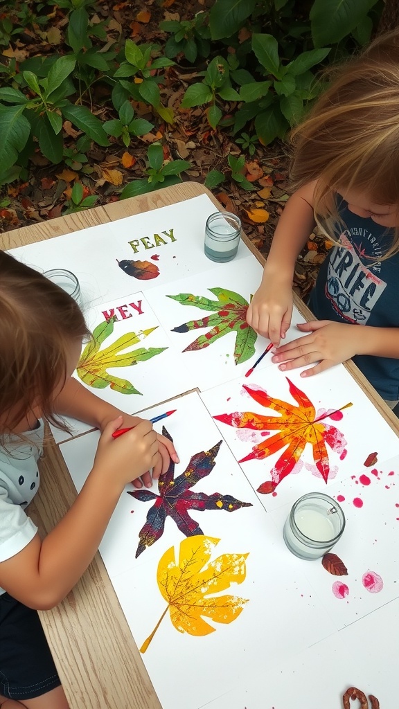 Two kids making rainbow leaf prints with colorful paints on paper.