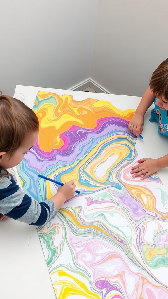 Two children creating rainbow marbled paper with colorful paints.