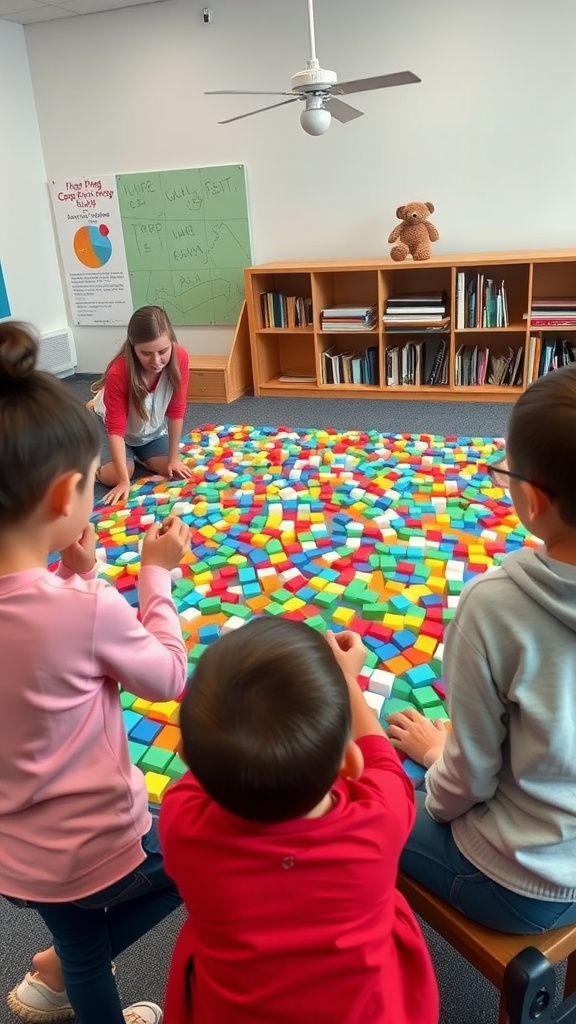 Children working together on a colorful rainbow mosaic art project in a classroom.