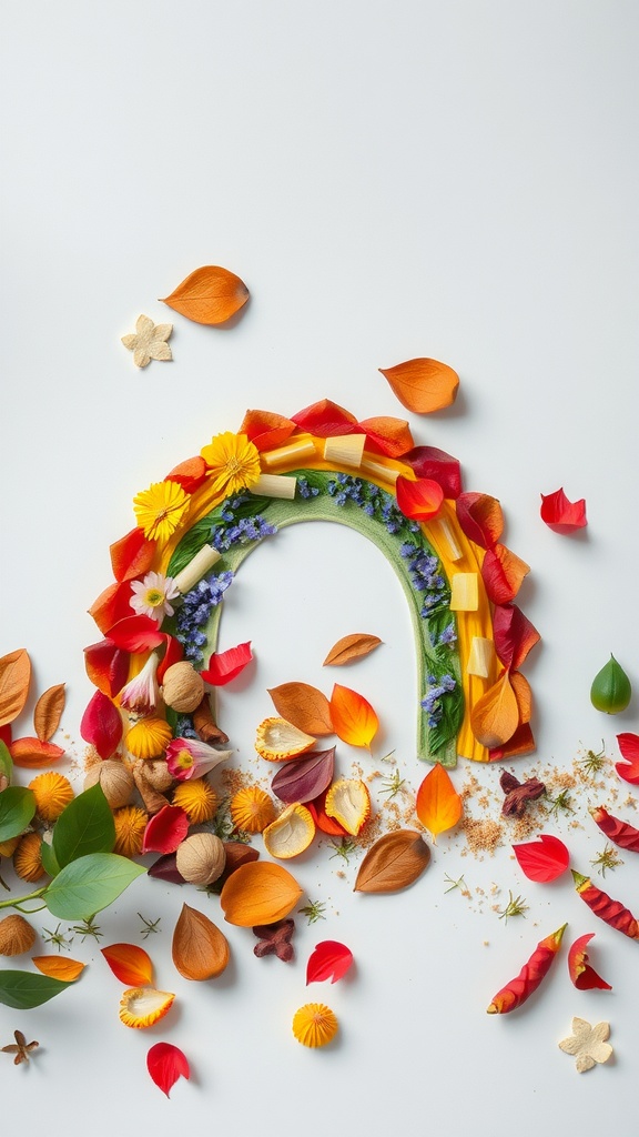 A colorful rainbow made from petals, leaves, and natural elements.