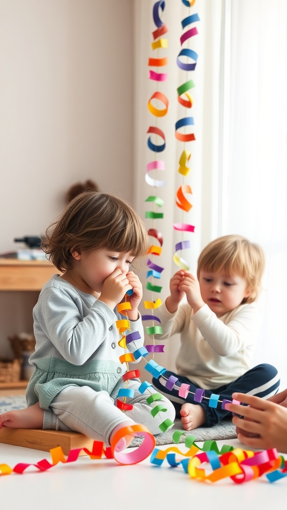 Two children creating a colorful paper chain garland