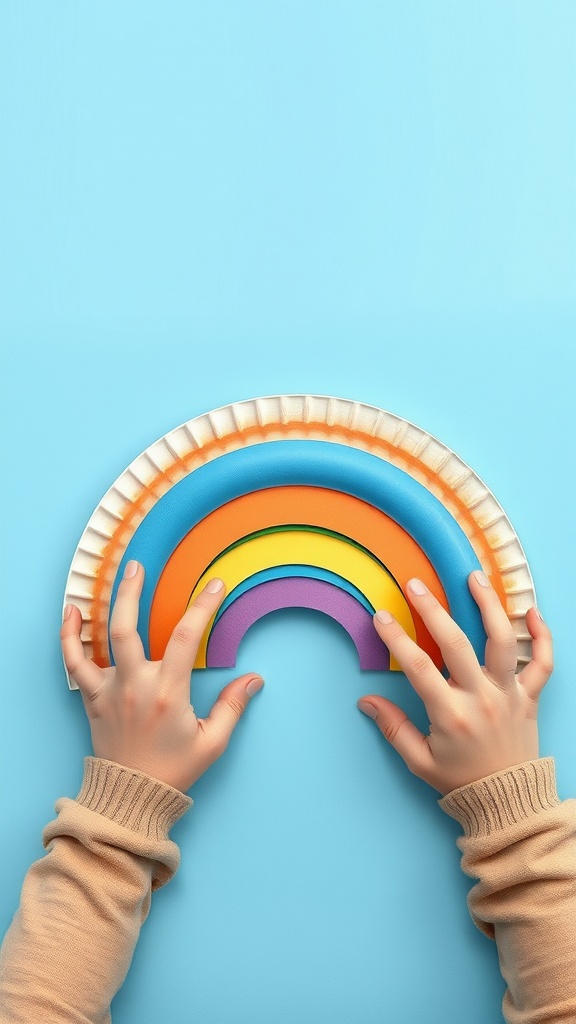 Hands assembling a rainbow using colored paper on a paper plate